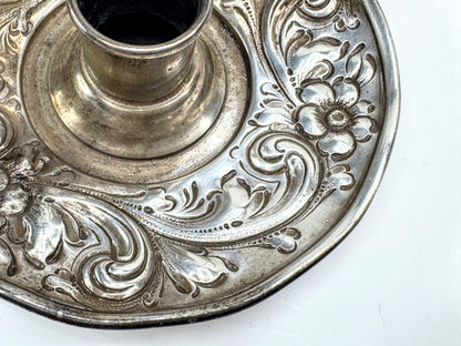 Vintage ornate sterling silver repoussé floral chamber candlestick holder SS471