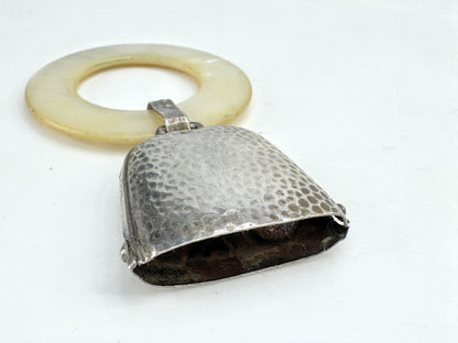 Vintage sterling silver hammered bell mother of pearl baby teething ring SS472