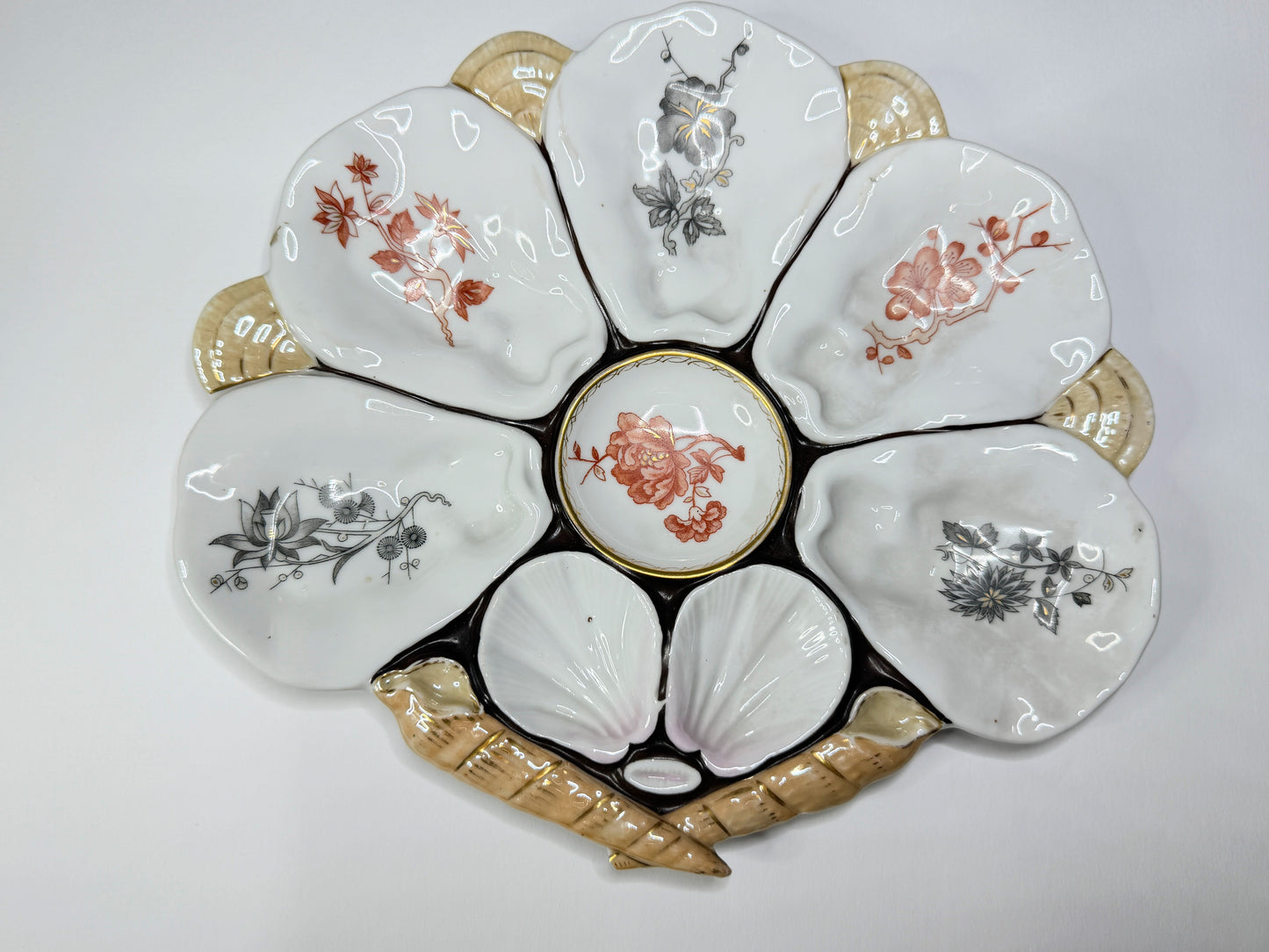 Antique French Porcelain Oyster Plate Floral Wells Shell Handles 10" x 9" A735