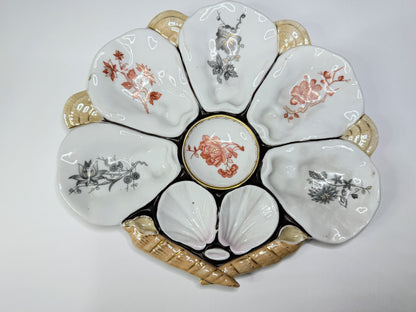 Antique French Porcelain Oyster Plate Floral Wells Shell Handles 10" x 9" A735