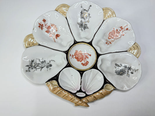Antique French Porcelain Oyster Plate Floral Wells Shell Handles 10" x 9" A735