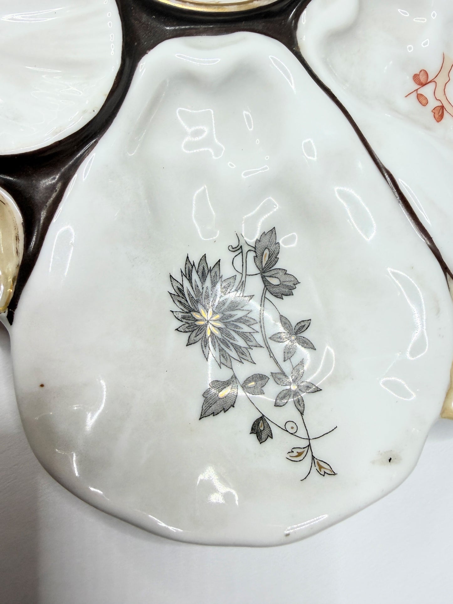 Antique French Porcelain Oyster Plate Floral Wells Shell Handles 10" x 9" A735