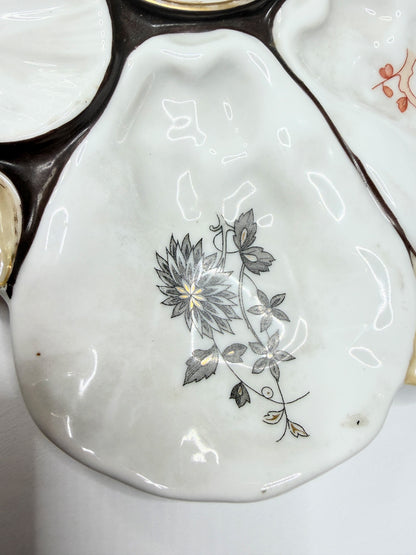 Antique French Porcelain Oyster Plate Floral Wells Shell Handles 10" x 9" A735