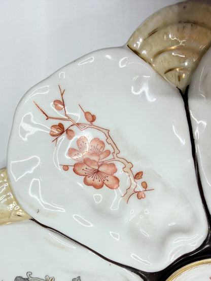 Antique French Porcelain Oyster Plate Floral Wells Shell Handles 10" x 9" A735