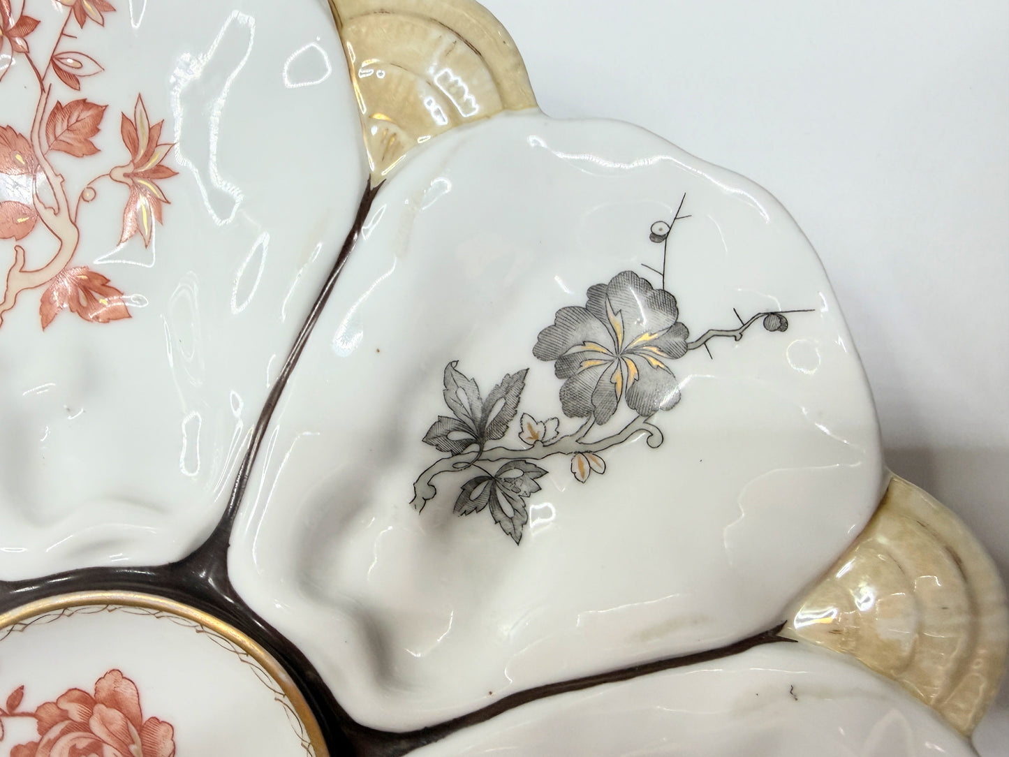 Antique French Porcelain Oyster Plate Floral Wells Shell Handles 10" x 9" A735