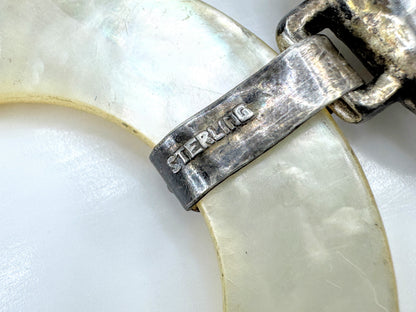 Vintage sterling silver hammered bell mother of pearl baby teething ring SS472