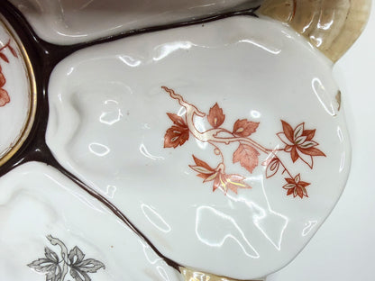 Antique French Porcelain Oyster Plate Floral Wells Shell Handles 10" x 9" A735
