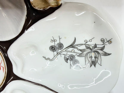 Antique French Porcelain Oyster Plate Floral Wells Shell Handles 10" x 9" A735