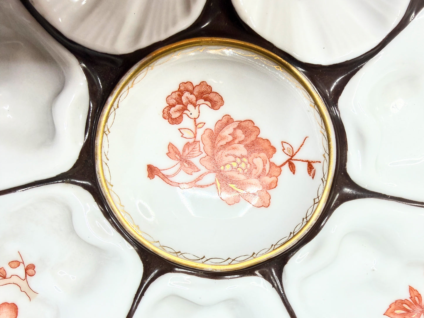 Antique French Porcelain Oyster Plate Floral Wells Shell Handles 10" x 9" A735
