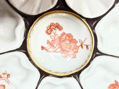 Antique French Porcelain Oyster Plate Floral Wells Shell Handles 10" x 9" A735