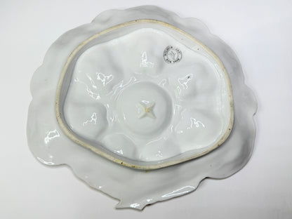 Antique French Porcelain Oyster Plate Floral Wells Shell Handles 10" x 9" A735