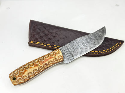 Vintage Damascus steel skinner hunting knife carved wood handle w/ sheath SS474