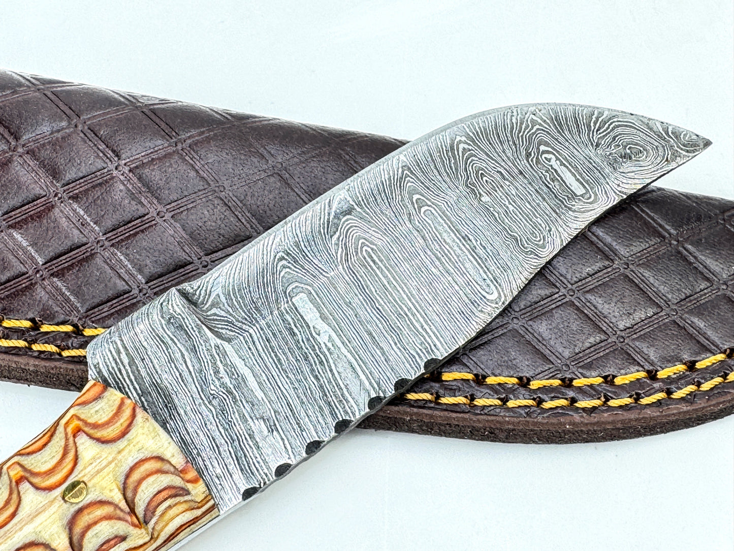 Vintage Damascus steel skinner hunting knife carved wood handle w/ sheath SS474