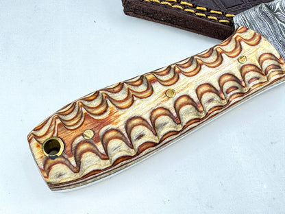 Vintage Damascus steel skinner hunting knife carved wood handle w/ sheath SS474