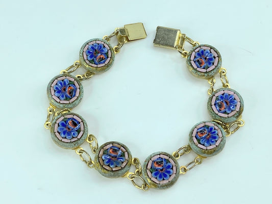 Early 20th Century Micro Mosaic Bracelet Round Links gold tone 7.5" GS276