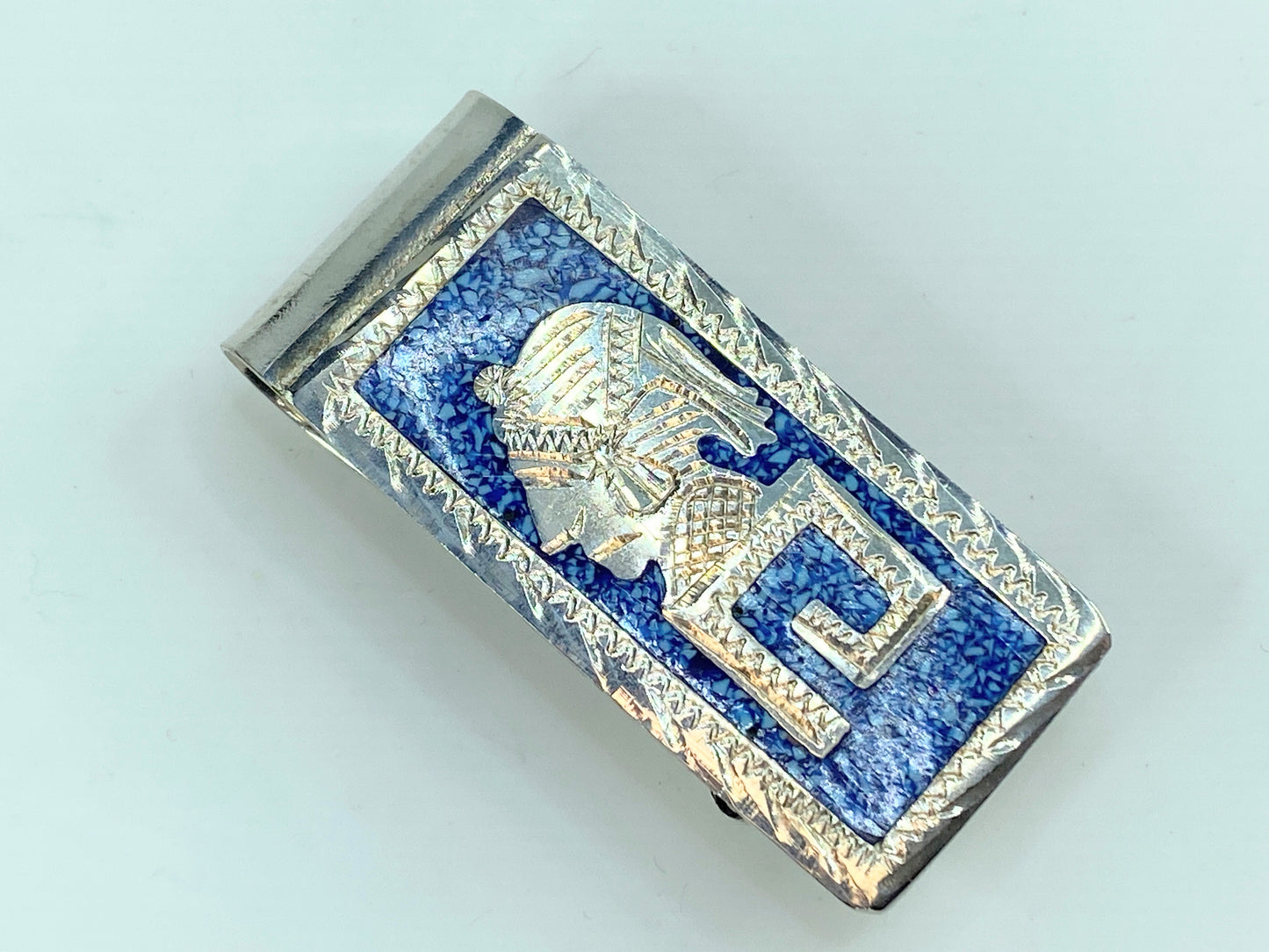 Chief head Alpaca Silver Turquoise Chip Taxco Mexico Handmade money clip SS09