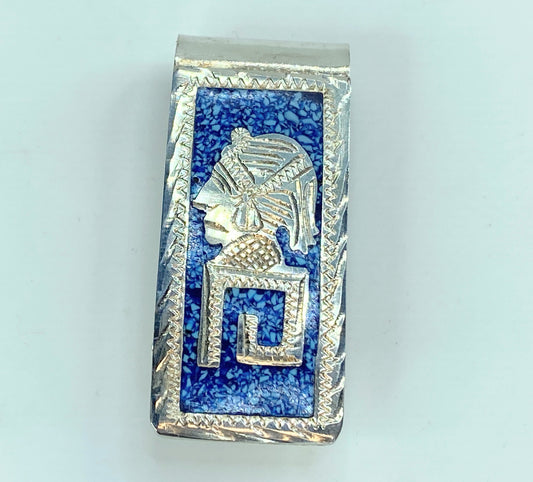 Chief head Alpaca Silver Turquoise Chip Taxco Mexico Handmade money clip SS09