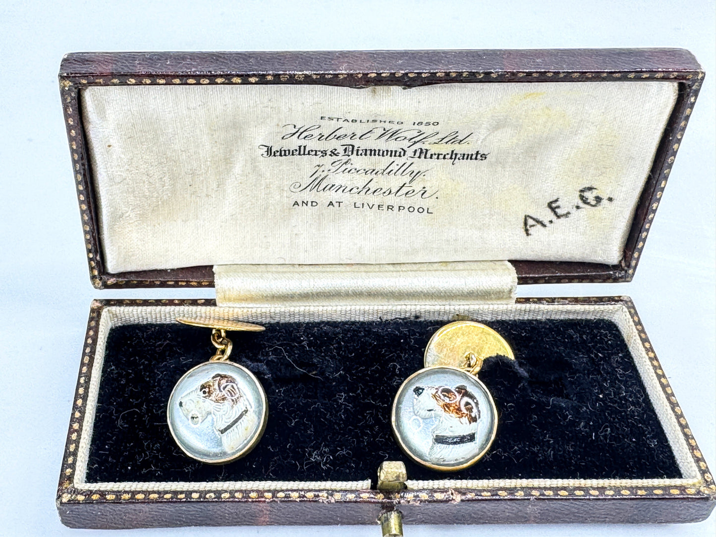 Vintage Art Deco reverse crystal fox hunting dog 9ct gold cufflinks SS475