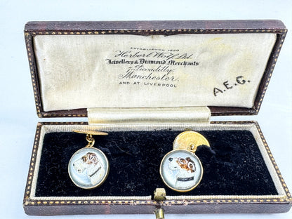 Vintage Art Deco reverse crystal fox hunting dog 9ct gold cufflinks SS475