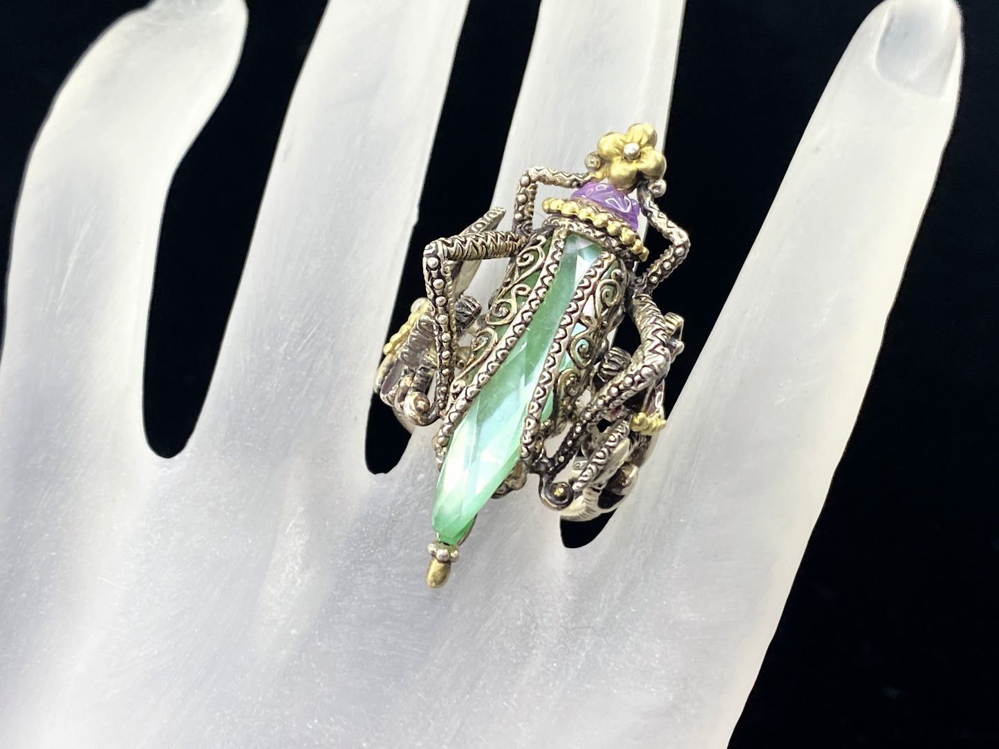 Barbara Bixby Sterling/18k Gemstone Grasshopper Ring s7.5 18.5g JR8881