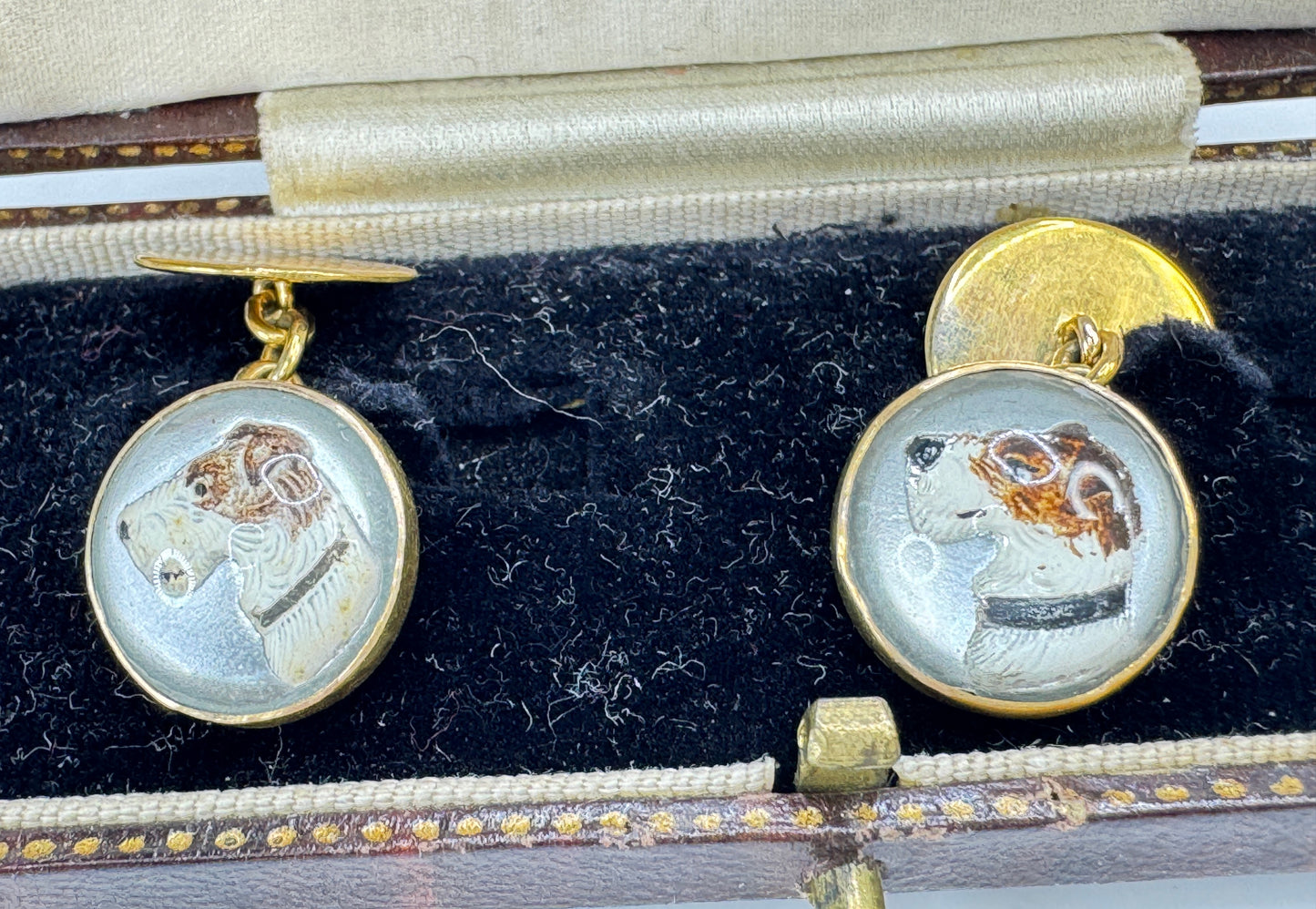 Vintage Art Deco reverse crystal fox hunting dog 9ct gold cufflinks SS475