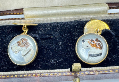 Vintage Art Deco reverse crystal fox hunting dog 9ct gold cufflinks SS475