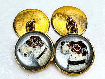 Vintage Art Deco reverse crystal fox hunting dog 9ct gold cufflinks SS475