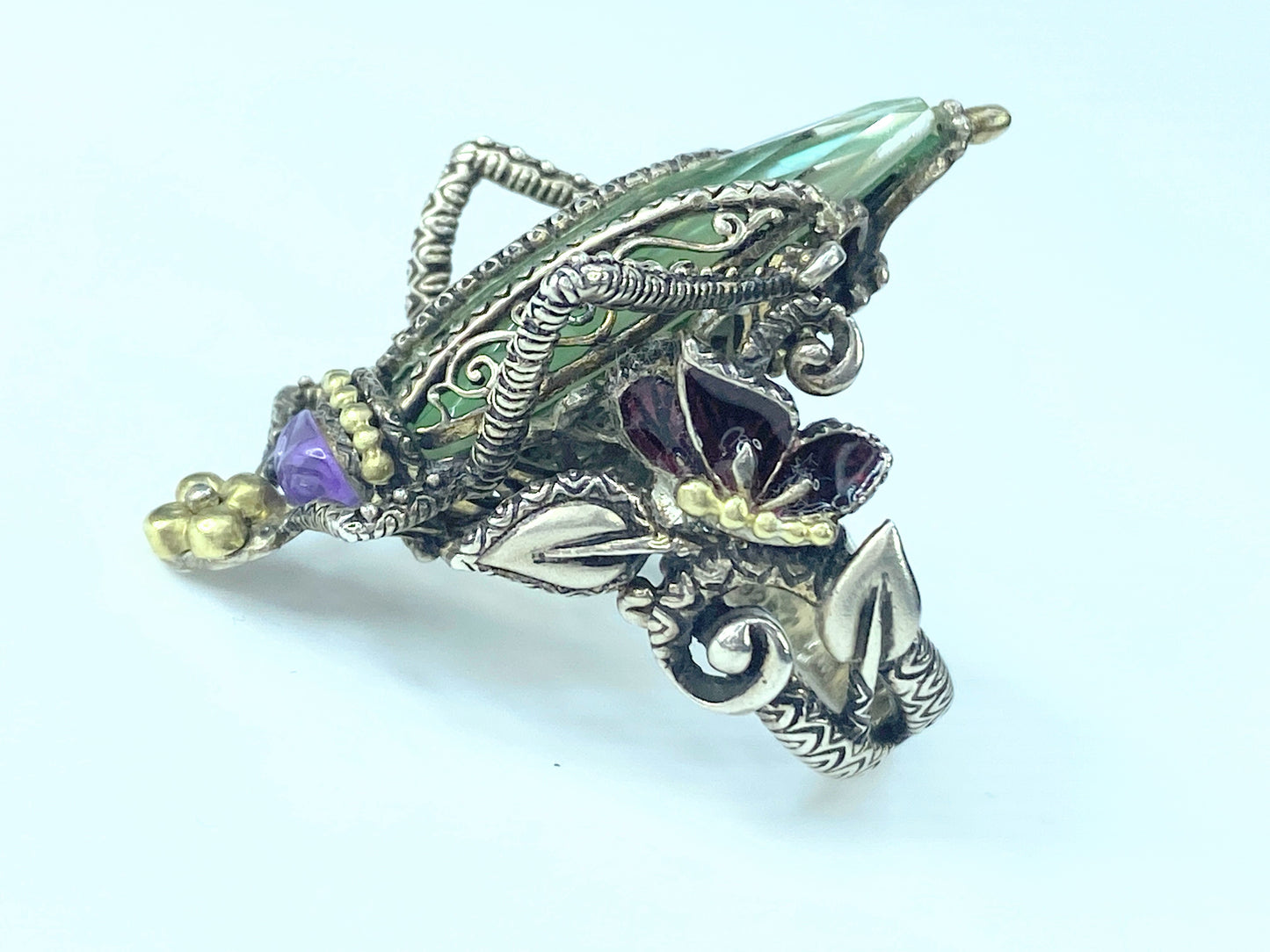 Barbara Bixby Sterling/18k Gemstone Grasshopper Ring s7.5 18.5g JR8881