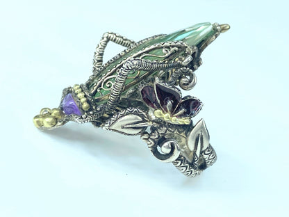 Barbara Bixby Sterling/18k Gemstone Grasshopper Ring s7.5 18.5g JR8881