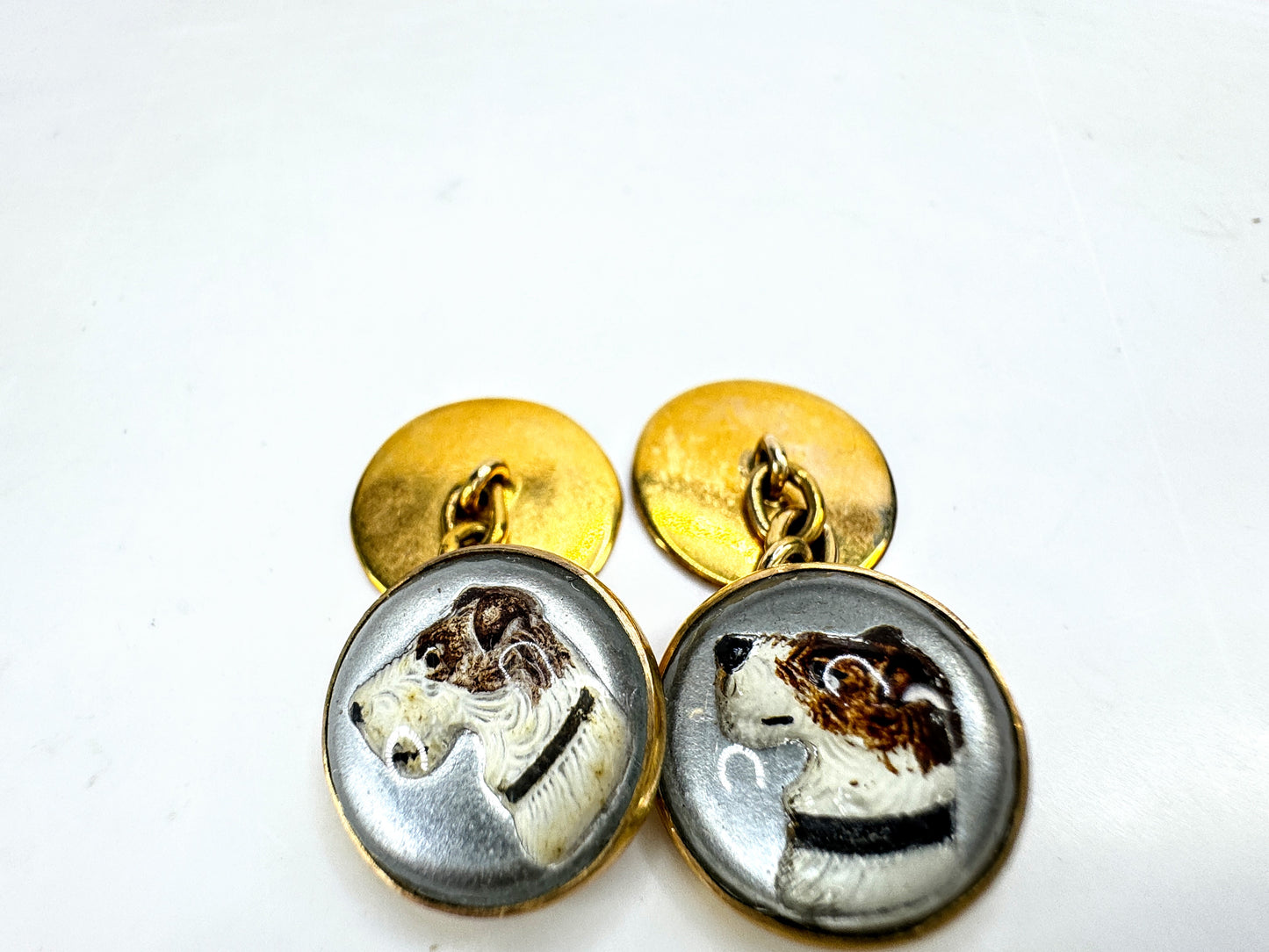Vintage Art Deco reverse crystal fox hunting dog 9ct gold cufflinks SS475