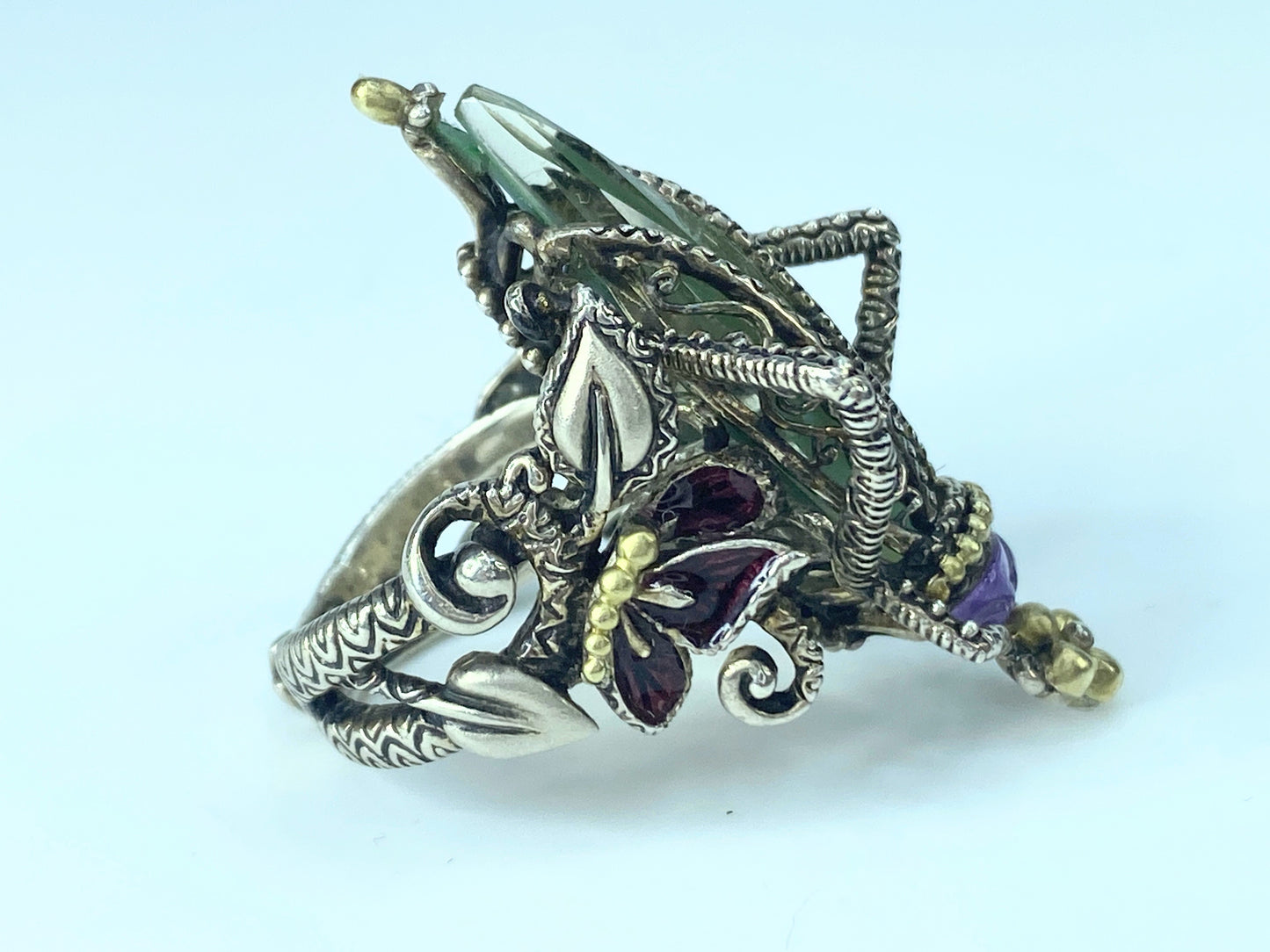 Barbara Bixby Sterling/18k Gemstone Grasshopper Ring s7.5 18.5g JR8881