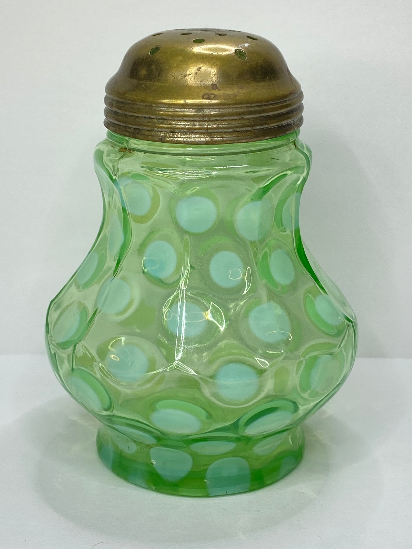 Antique Green Opaline Art Glass Sugar Shaker w Brass Lid 4.0" A688