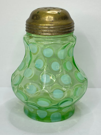 Antique Green Opaline Art Glass Sugar Shaker w Brass Lid 4.0" A688