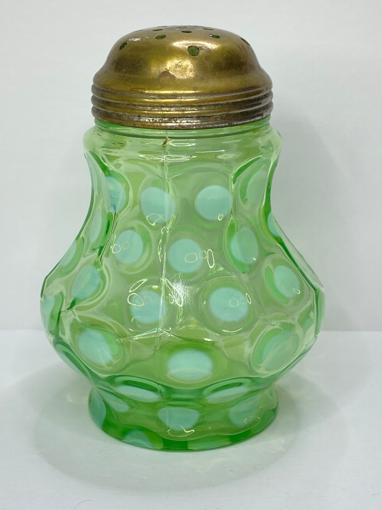 Antique Green Opaline Art Glass Sugar Shaker w Brass Lid 4.0" A688