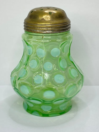 Antique Green Opaline Art Glass Sugar Shaker w Brass Lid 4.0" A688