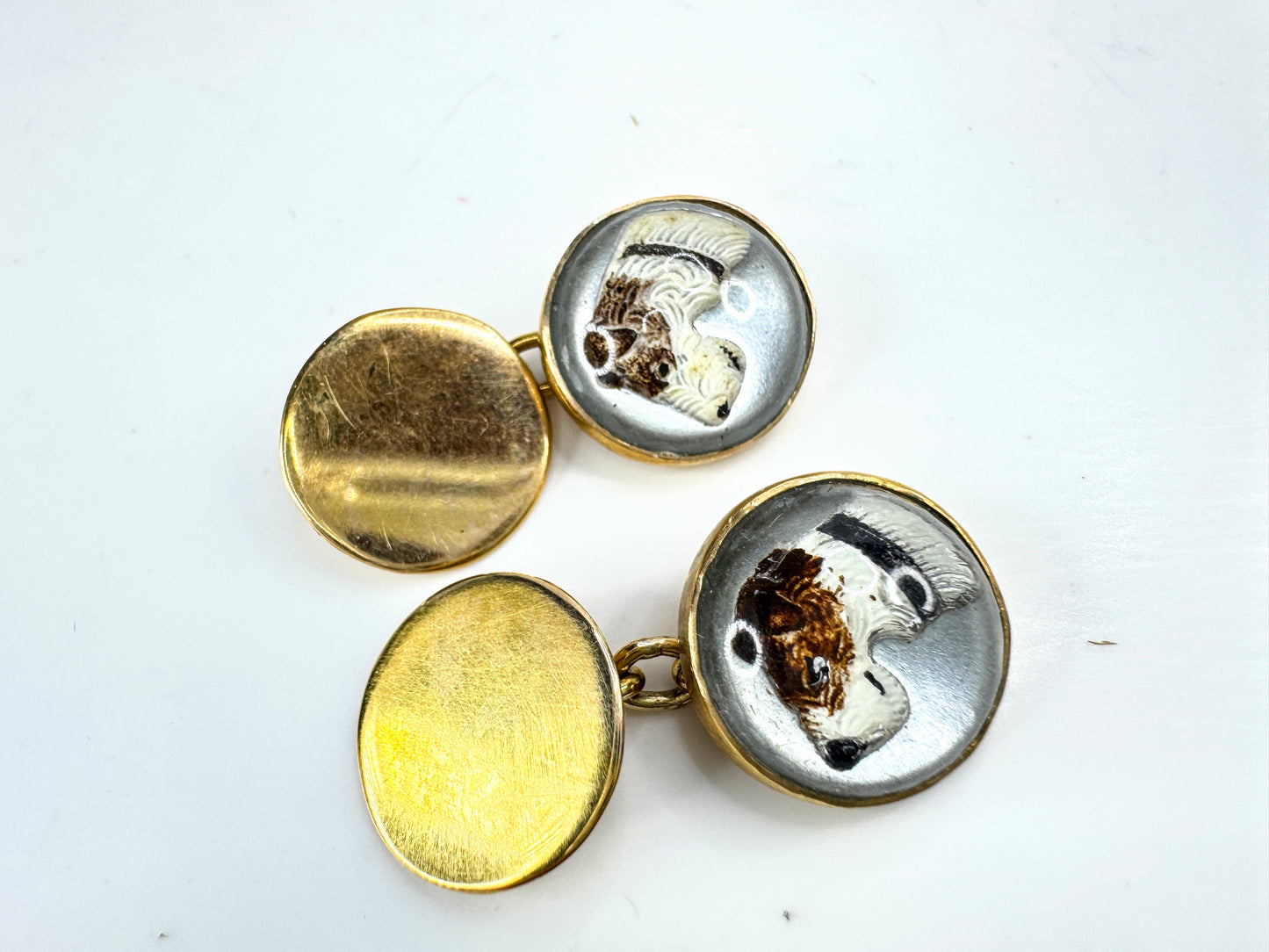 Vintage Art Deco reverse crystal fox hunting dog 9ct gold cufflinks SS475