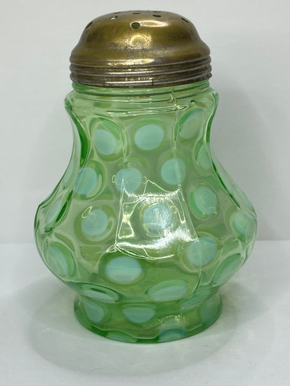 Antique Green Opaline Art Glass Sugar Shaker w Brass Lid 4.0" A688