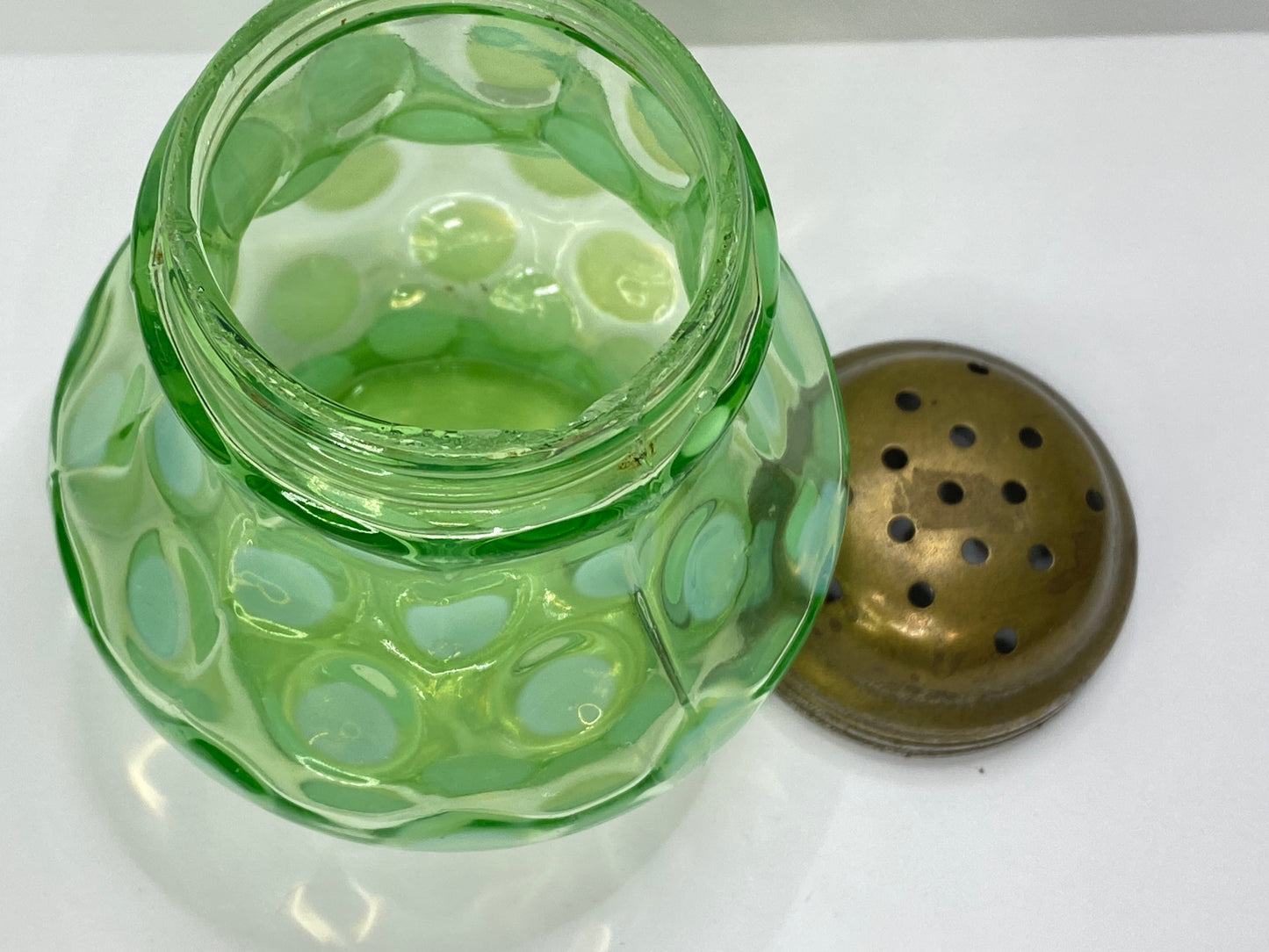 Antique Green Opaline Art Glass Sugar Shaker w Brass Lid 4.0" A688