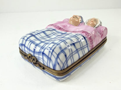 Unusual large Rochard Limoges France Sleeping Couple Trinket Box 4.5" A1127