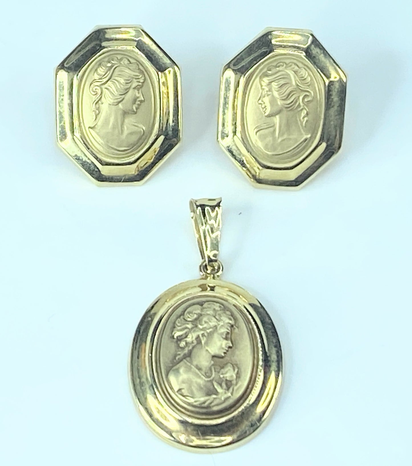 Italy Milor 14K yellow gold repousse Cameo earrings pendant set 5.6g JR8883