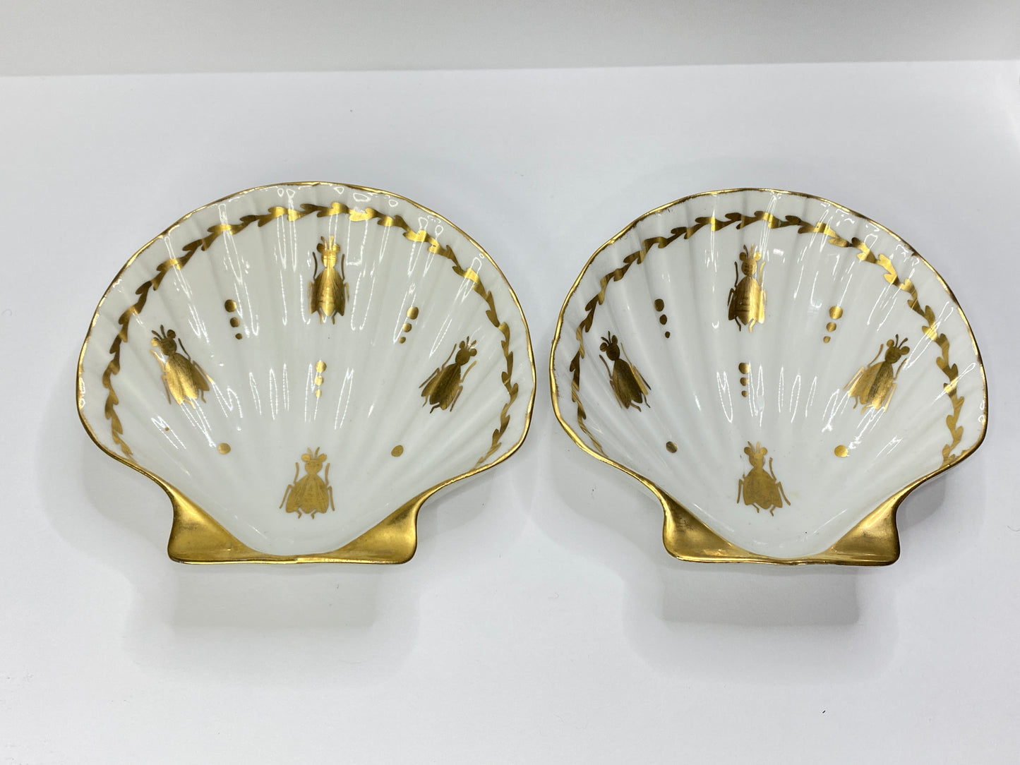Antique Limoges Gold Gilded Shell Dishes with Hand-Painted Bug Insects Pair A690