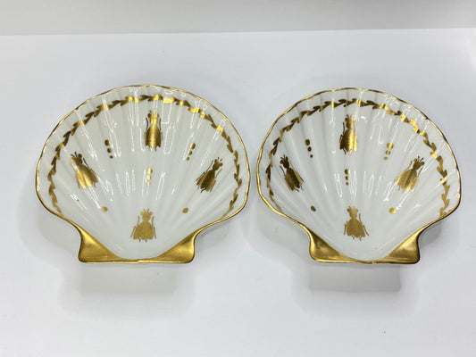 Antique Limoges Gold Gilded Shell Dishes with Hand-Painted Bug Insects Pair A690