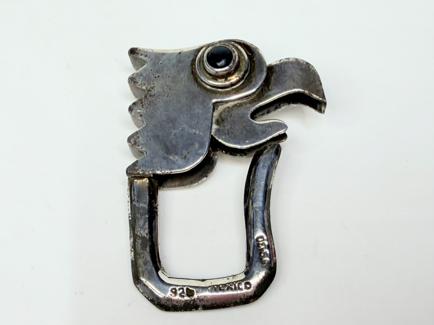 Mexico Taxco 925 Sterling Silver Eagle Bird Key Ring Onyx Eyes Vintage Art SS188
