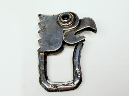 Mexico Taxco 925 Sterling Silver Eagle Bird Key Ring Onyx Eyes Vintage Art SS188