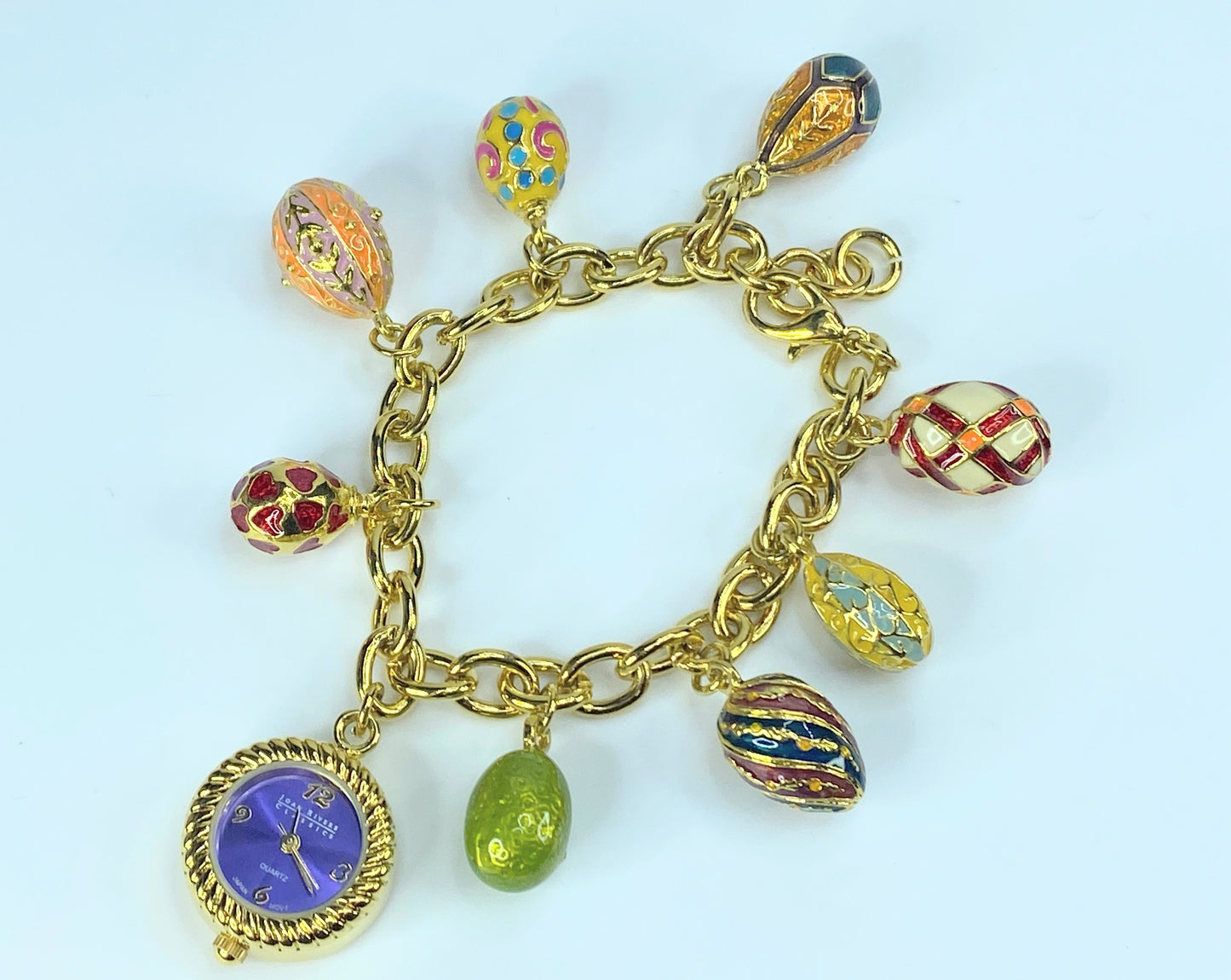 Joan Rivers Classics Gold Tone Bracelet Enameled 8 Eggs Charm Watch JR8888