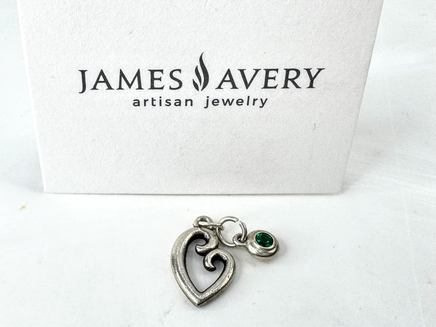 Retired James Avery Sterling Loving Heart & Green Gemstone Double Charm JR1926