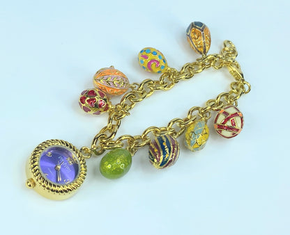 Joan Rivers Classics Gold Tone Bracelet Enameled 8 Eggs Charm Watch JR8888