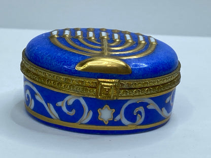 Rochard Limoges Menorah Trinket Box Hand Painted Blue & Gold A6986