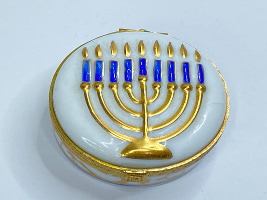 Vintage Limoges Menorah Trinket Box Hand Painted Blue & Gold A697