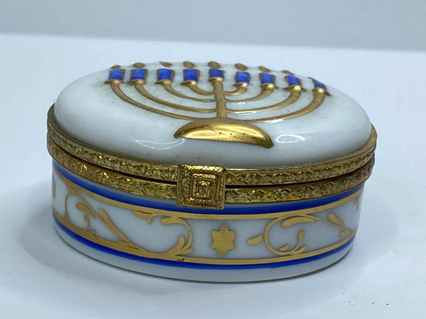Vintage Limoges Menorah Trinket Box Hand Painted Blue & Gold A697